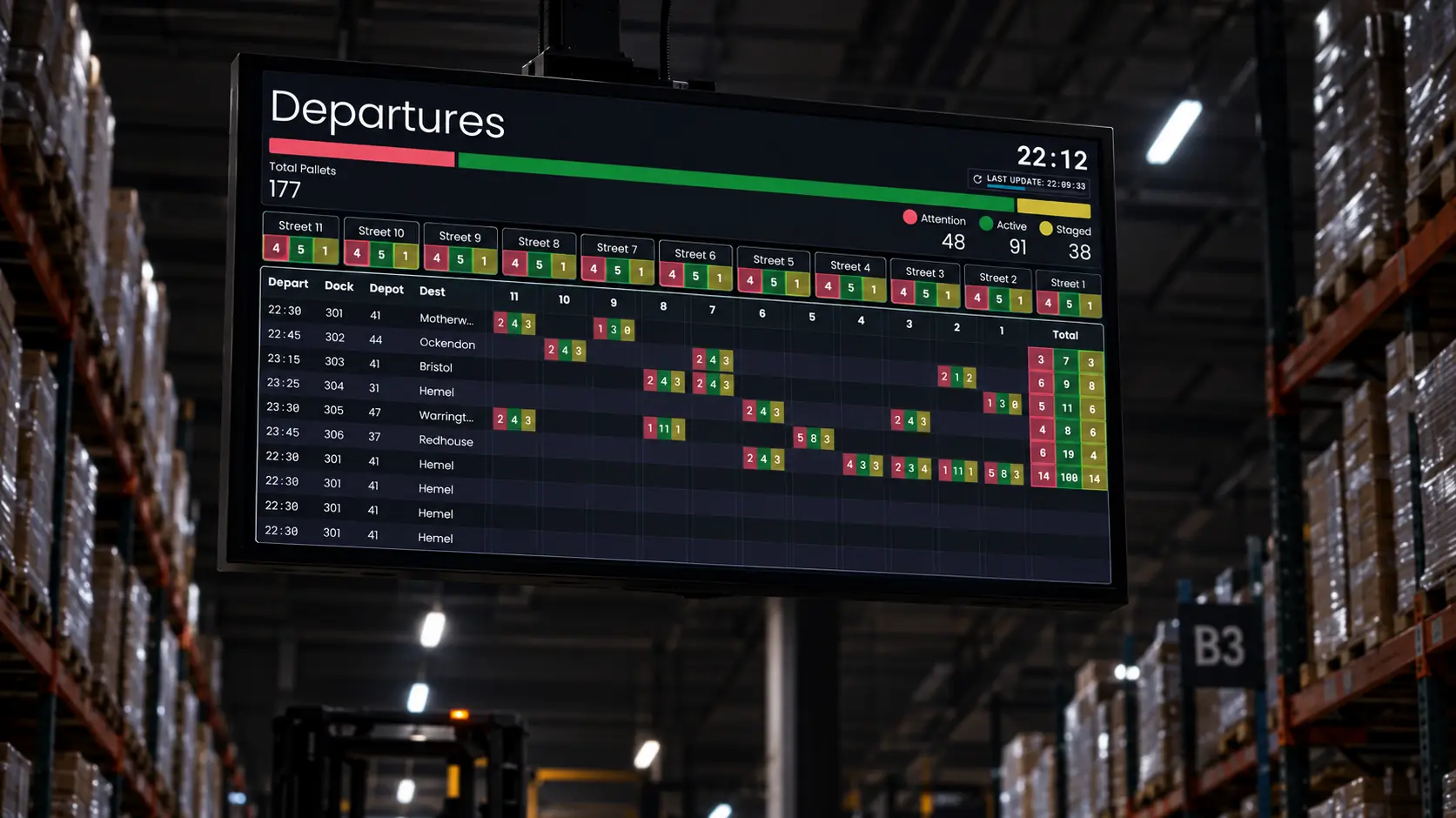 Departures board in the E3 warehouse
