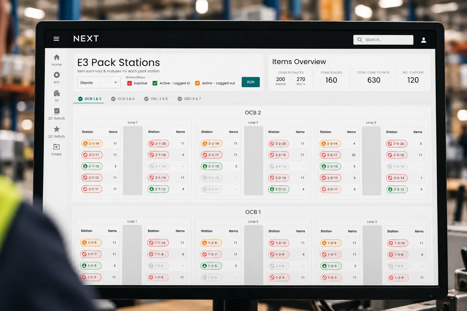 E3 pack stations overview on a monitor in the warehouse