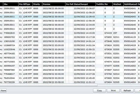 Legacy data table of SKUs and statuses