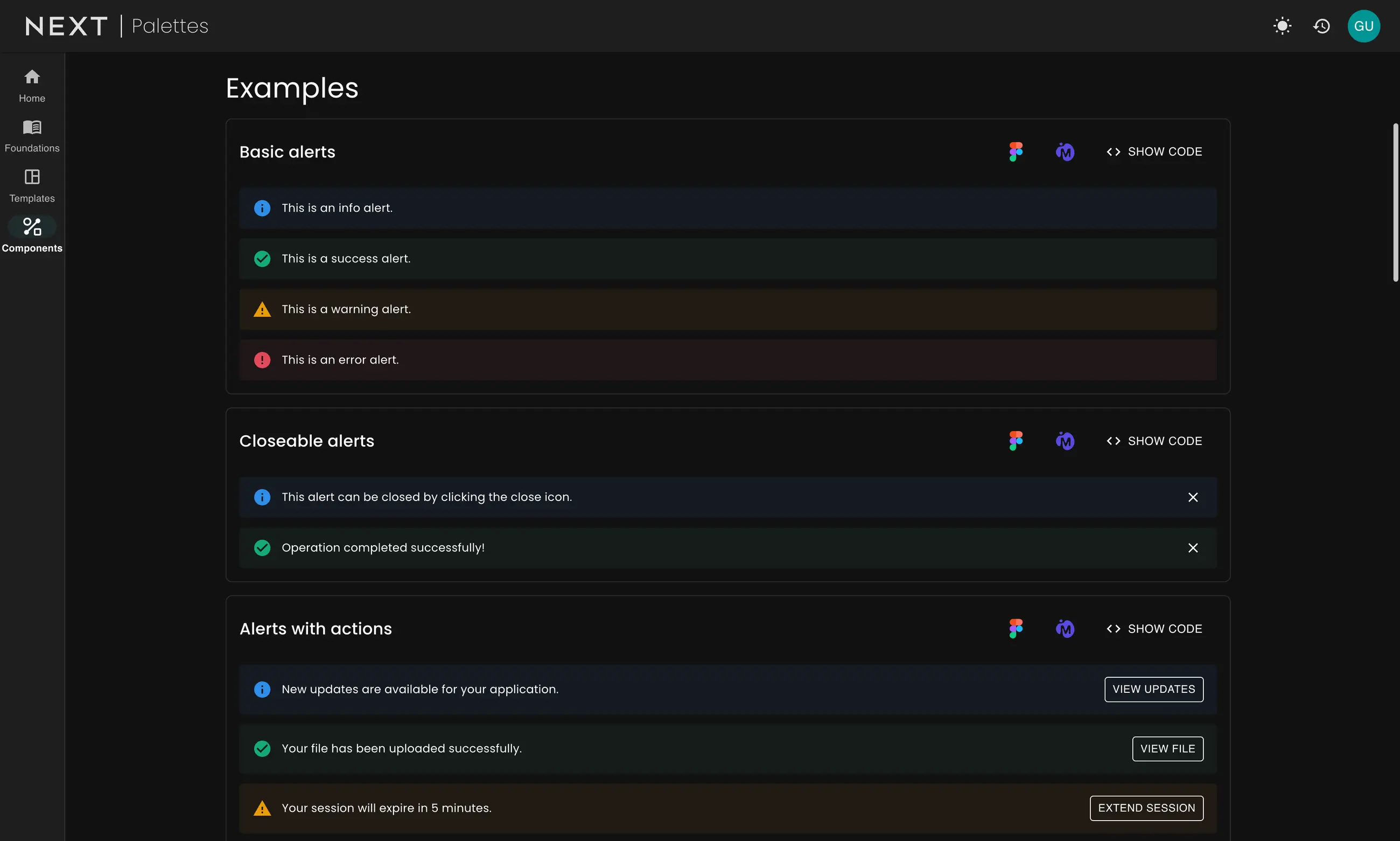 Palettes alert component examples with show code options