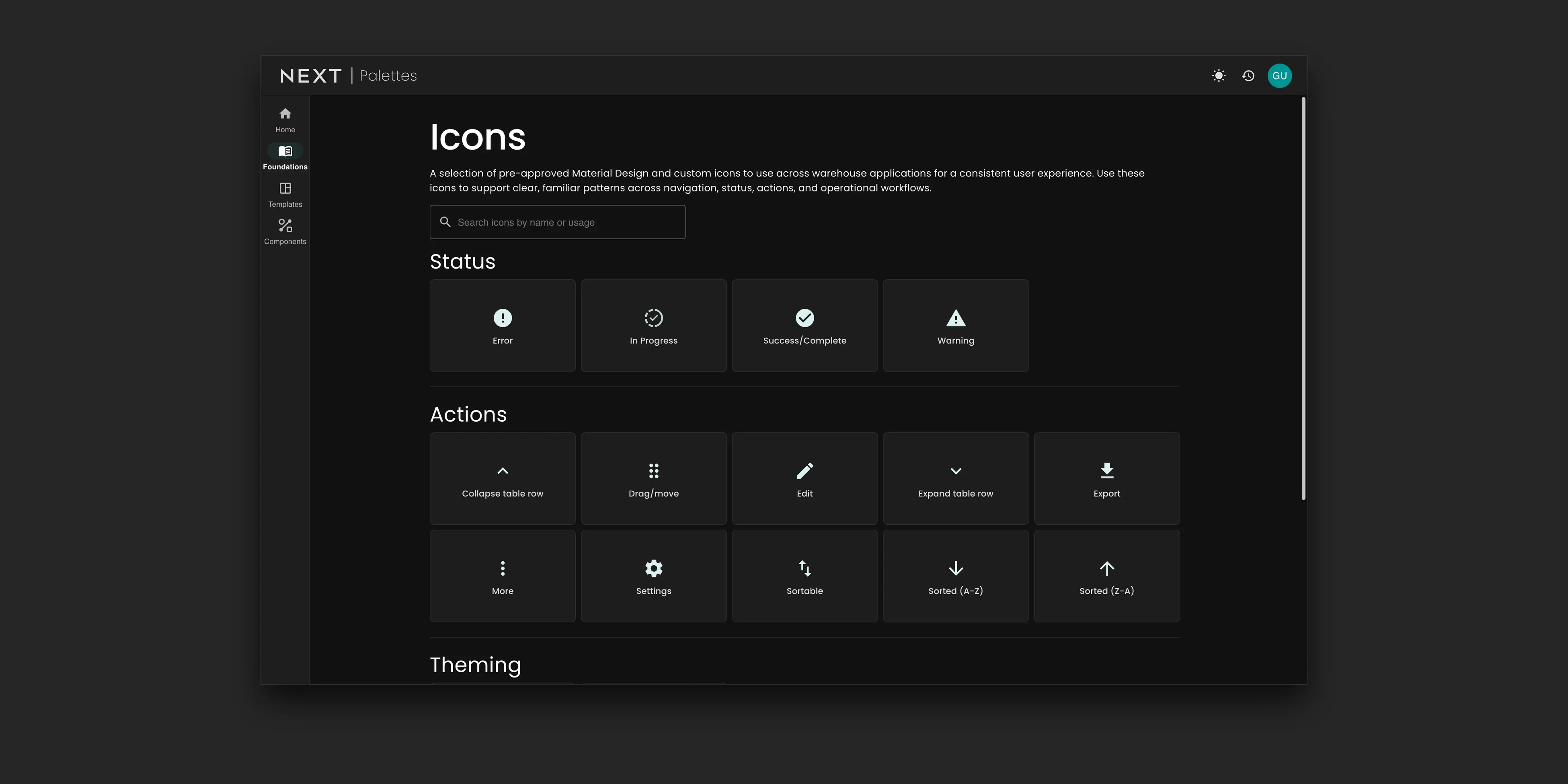 The Palettes icon library, grouped into status and action icons