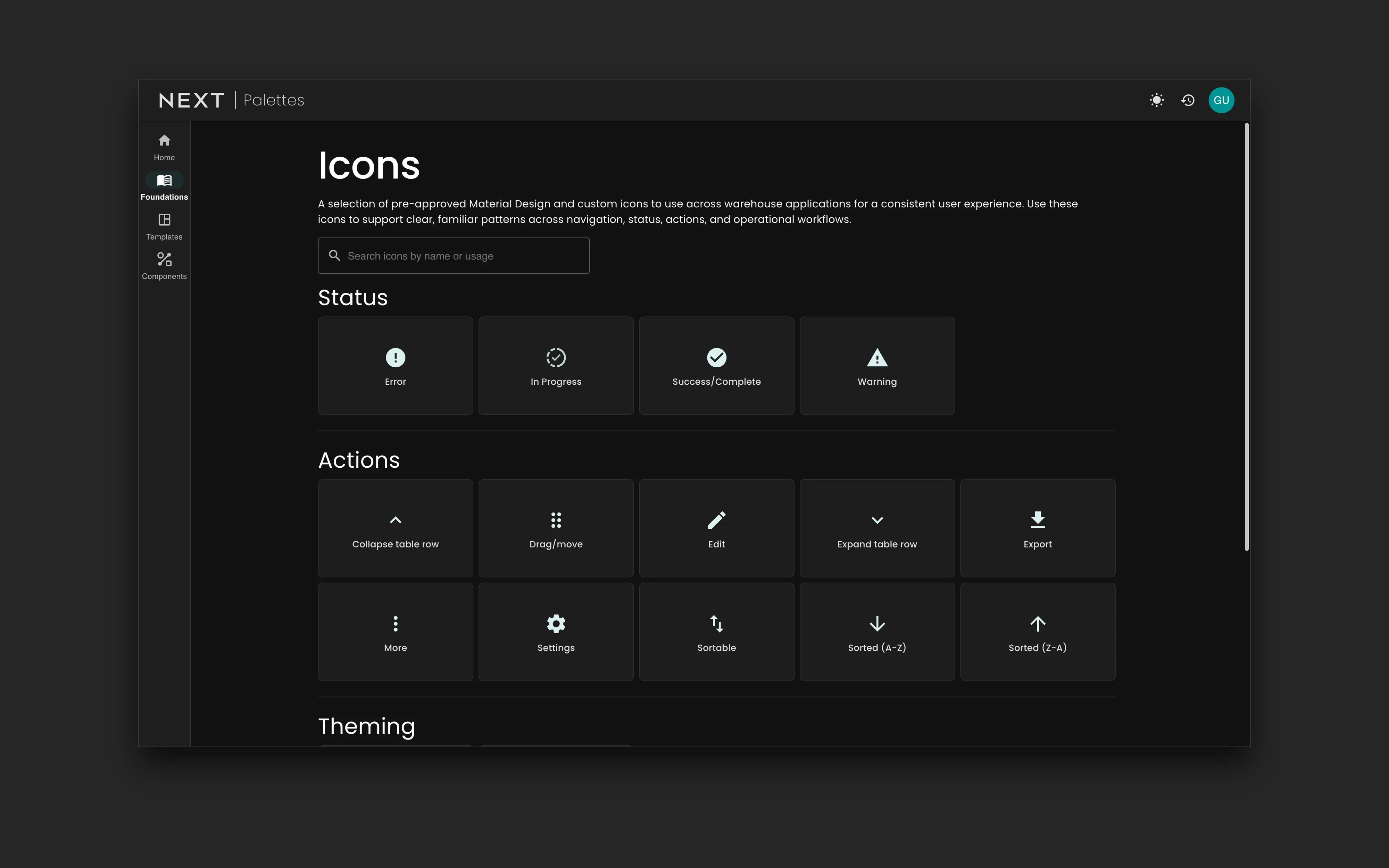 The Palettes icon library, grouped into status and action icons