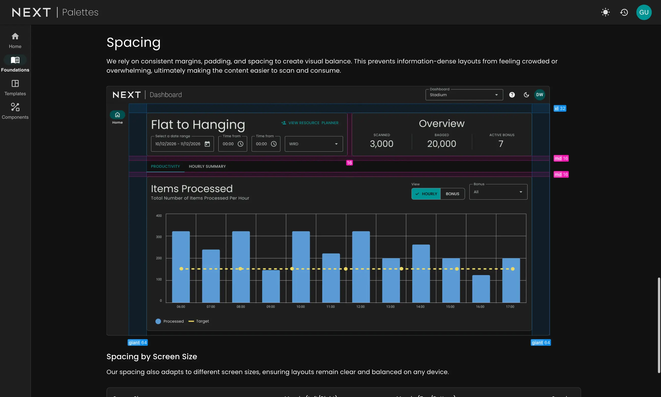 Palettes spacing guidance shown over a dashboard layout