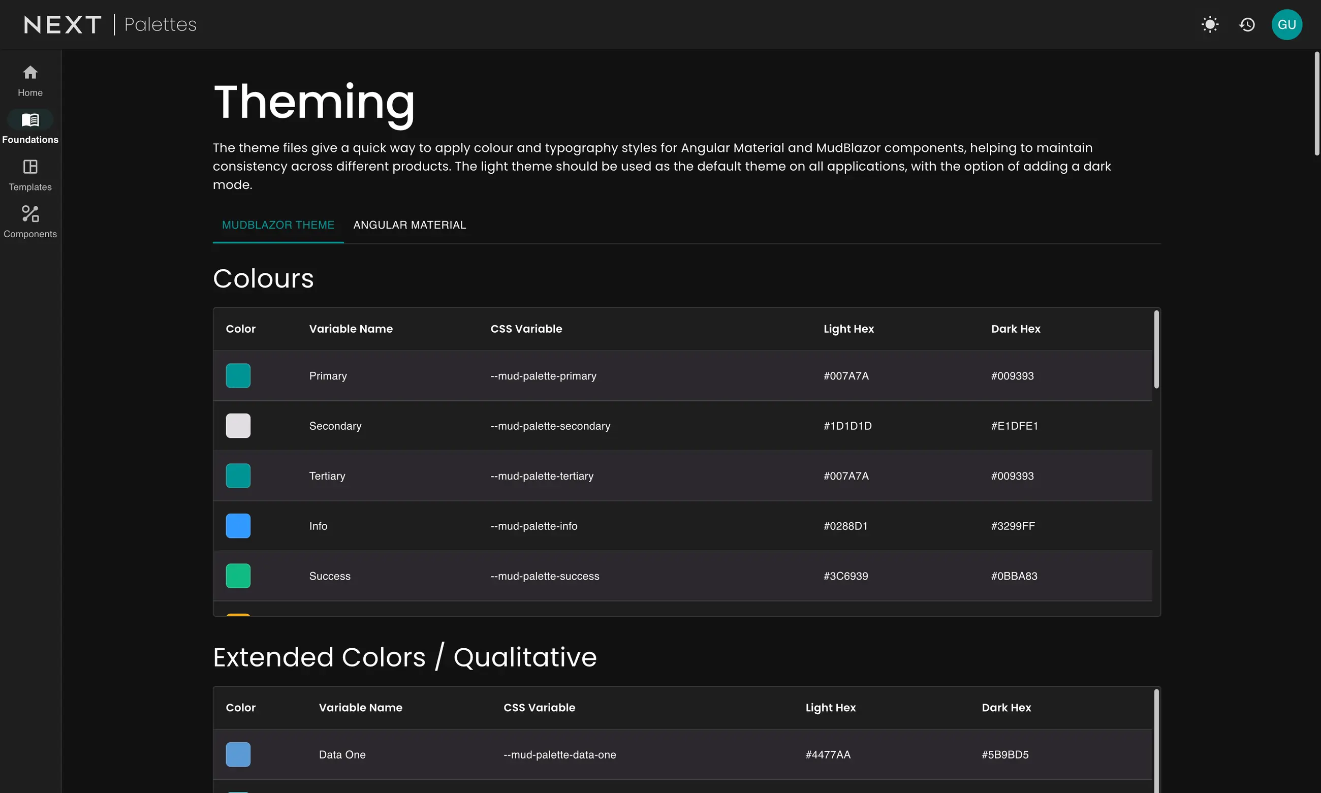 Palettes theming page listing colour variables with light and dark hex values